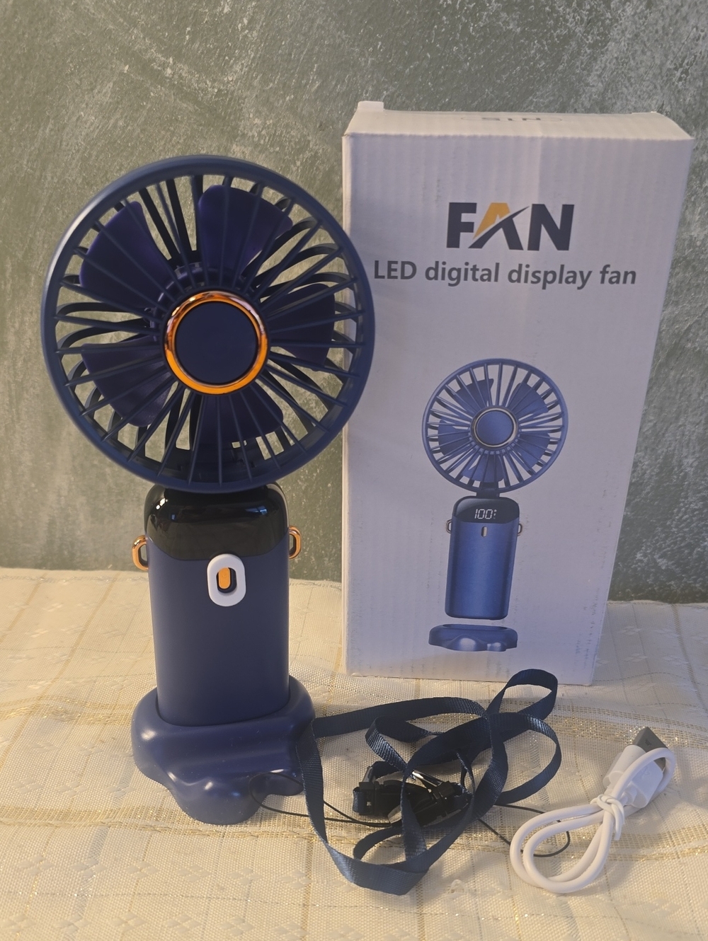 LED Digital Display Or Handheld Fan in Navy Blue, Real Time Power New